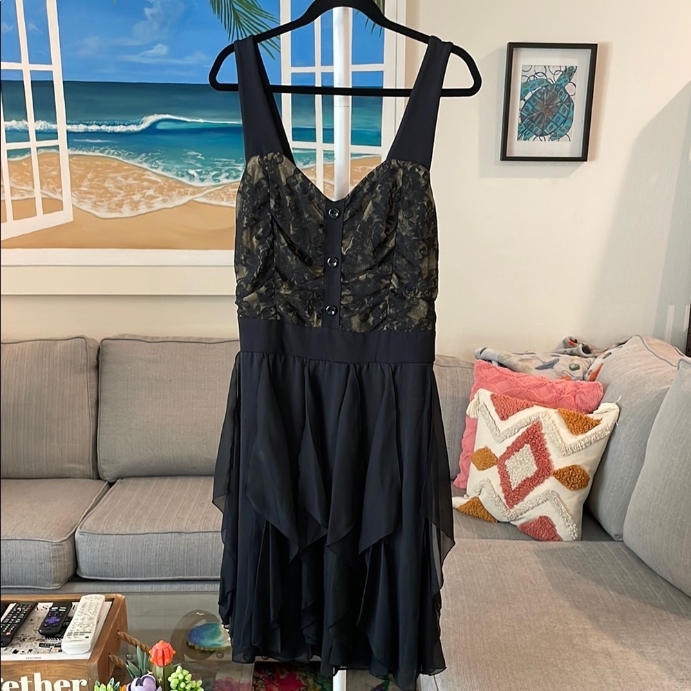 Style & Co Black & Gold Ruffled Sweetheart Midi Dress